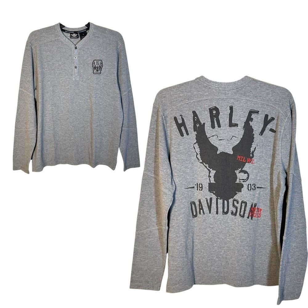 Harley Davidson Waffle Henley Shirt Sz L Gray 100% Cotton Moto Milwaukee WI